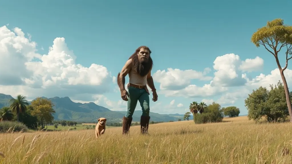 A giant baby lying down in a landscape.