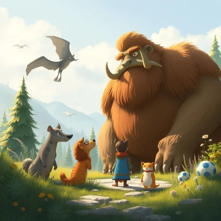 A friendly giant towering over small animal friends, teaching them a lesson.