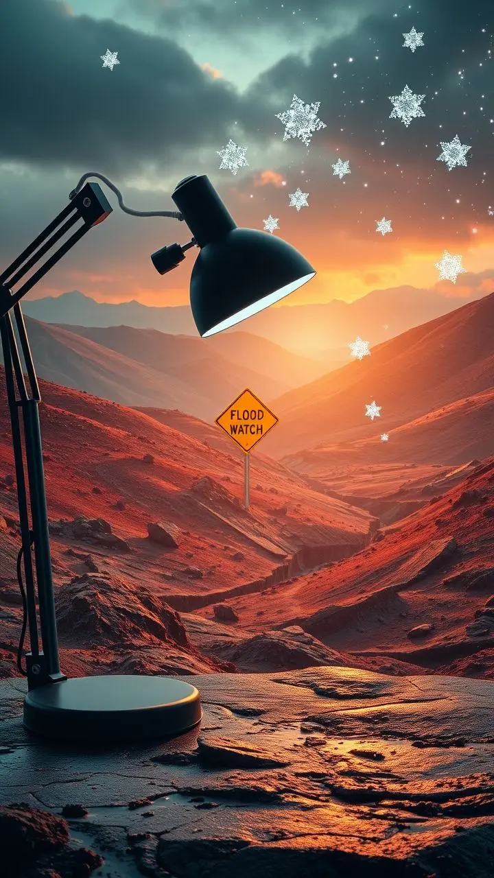 Adjustable reading lamp over a surreal landscape with a flood watch sign and icy fireflies.