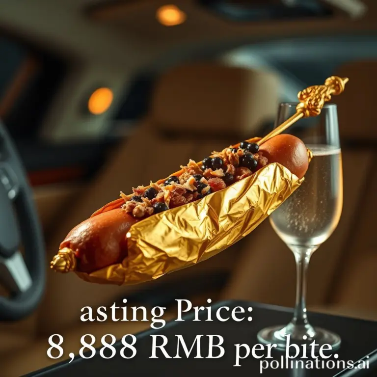 Gourmet hot dog in gold foil with truffle and caviar on gold skewer in luxury car.