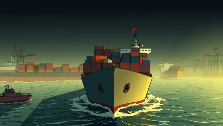 Cargo ships carrying rare earth minerals from a Chinese port, with dramatic lighting and shadows.