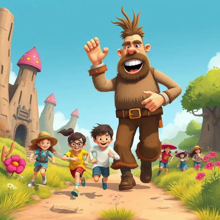 Kids racing a friendly giant in a colorful fantasy world.
