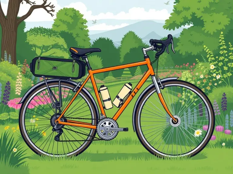 An orange touring bicycle with green pannier bags is depicted in a lush garden setting, symbolizing the Great Garden Ride cycling challenge.