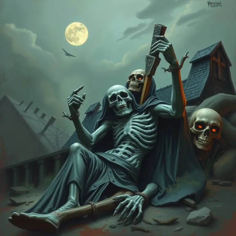 The Grim Reaper standing in a barren field.