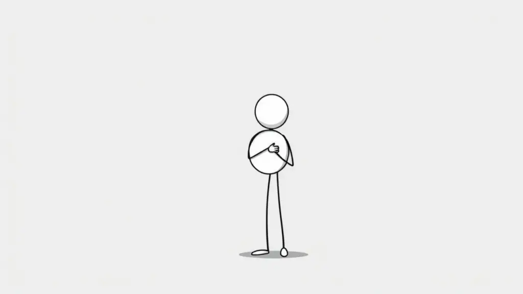 Minimalist stick figure holding a speech bubble, appearing hesitant.