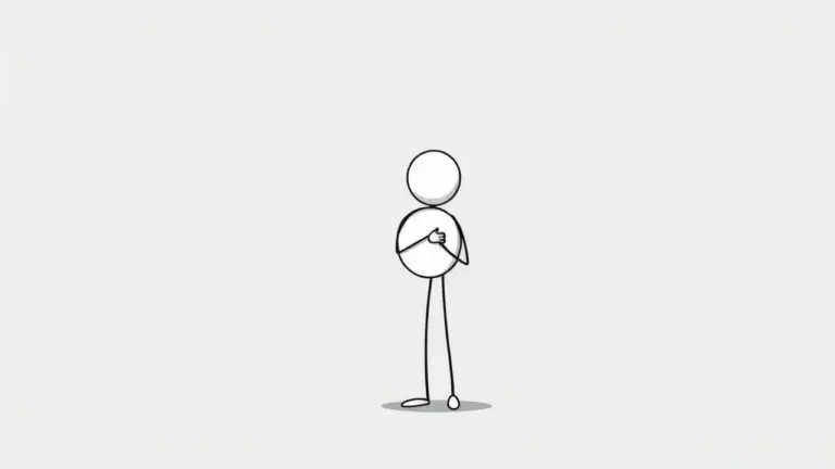Minimalist stick figure holding a speech bubble, appearing hesitant.