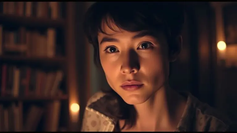 A person with a tentative expression in a dimly lit room with bookshelves and candlelight, reflecting.