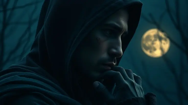 Close-up profile of a hooded man with scars, moonlight tear, and a hand resting on tangled nets.