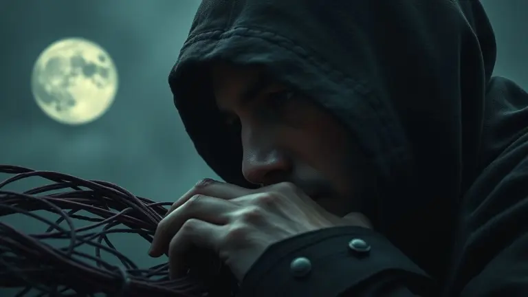 Hooded figure with scarred face, one tear, gloved hand on fishing net.