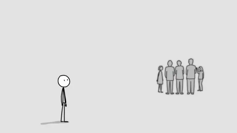 Minimalist stick figure looking sad, with laughing figures in the background on a gray backdrop.