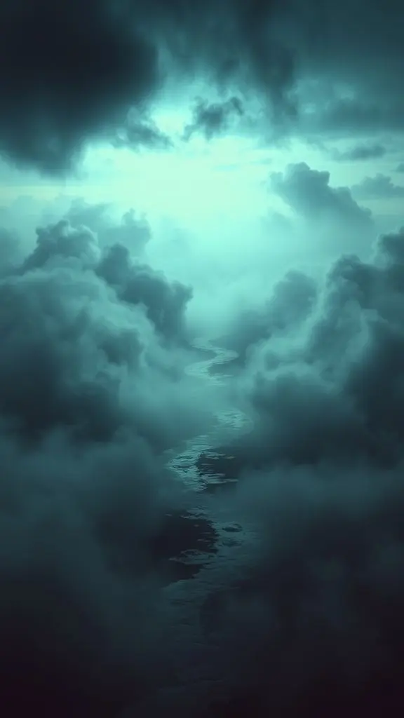 Fractured reflections and swirling mists in a dim, shifting sky.