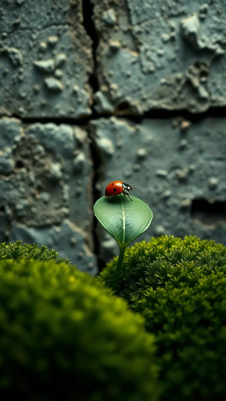 A ladybug on a leaf with a textured wall.