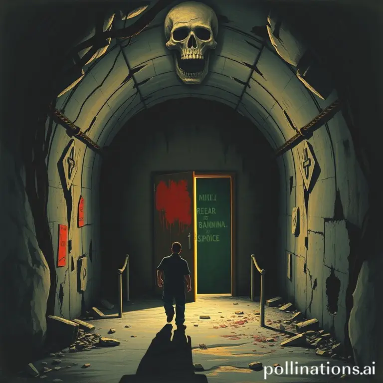 A dark, gritty Soviet bunker with a brightly lit exit doorway.