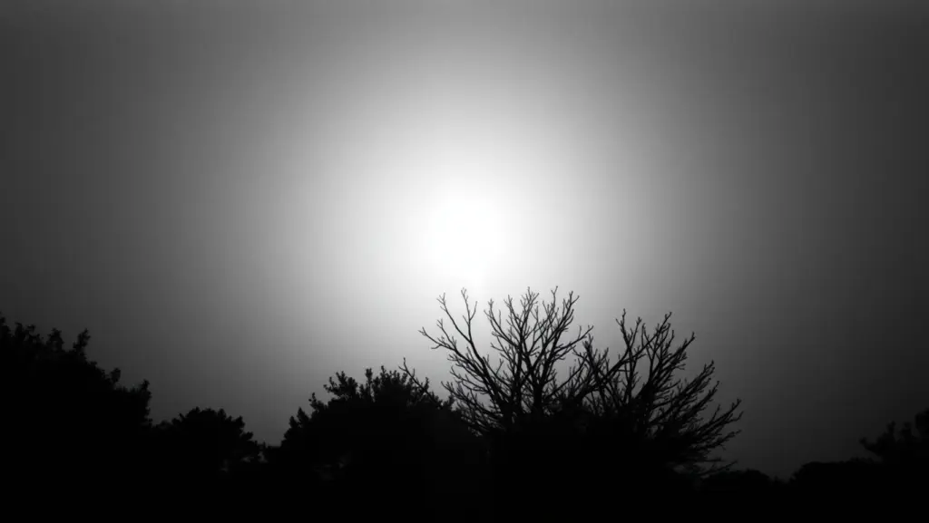 Grainy black and white photo of a glowing lightbulb resembling a sun.