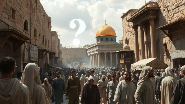 A luminous question mark floating over ancient Jerusalem with biblical figures.