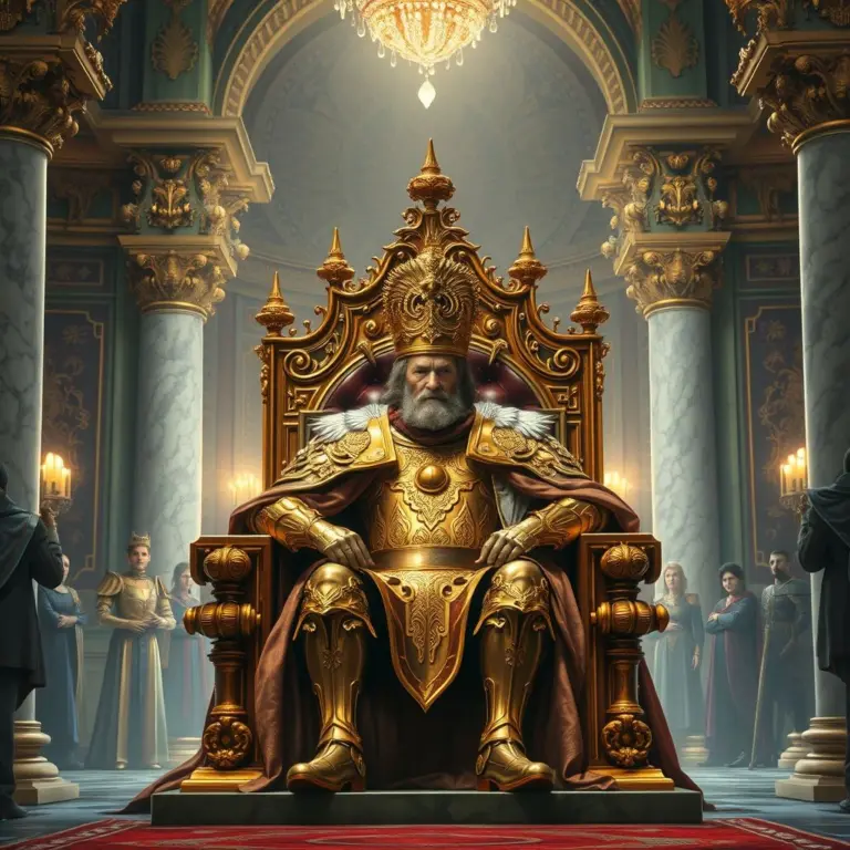 King on ornate throne, golden armor, palace hall.