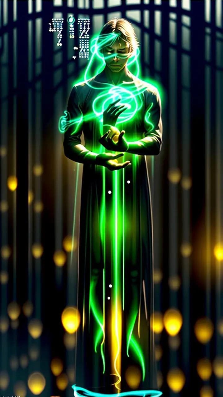 Man shielding eyes with glowing dates surrounding him in a hazy, mystical environment.