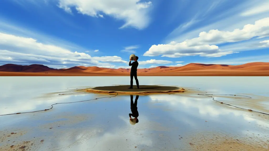 Surreal painting of a man with no reflection.