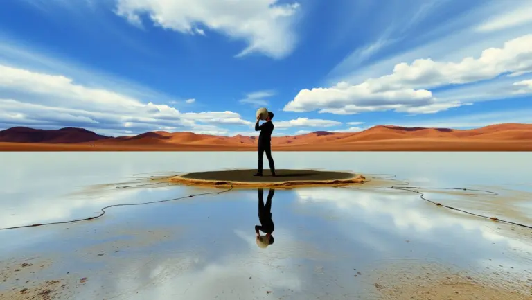 Surreal painting of a man with no reflection.