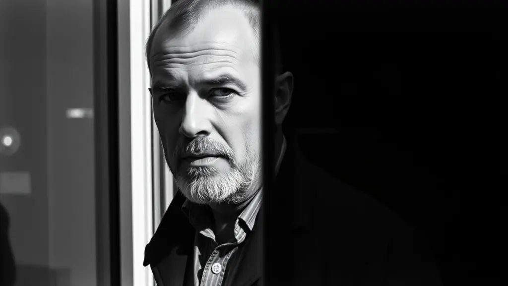 Black and white photo of a man standing in front of a mirror with no reflection.