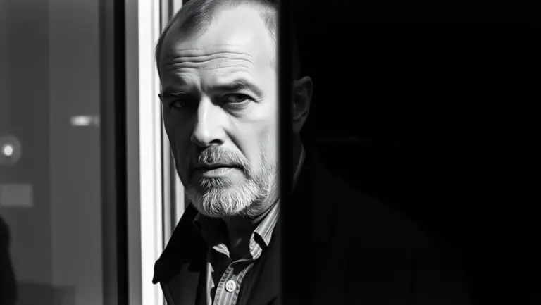 Black and white photo of a man standing in front of a mirror with no reflection.