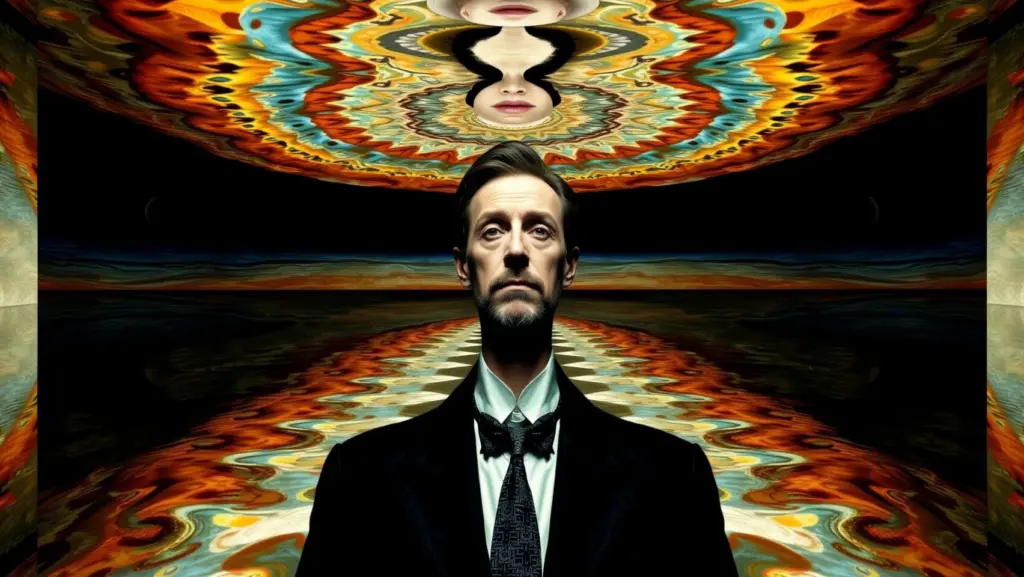Surreal painting of a man with no reflection in the style of Salvador Dalí.