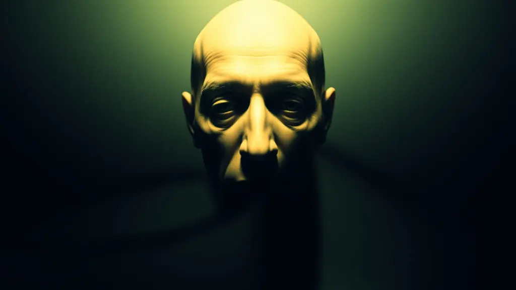Surrealist painting of a man with no reflection.