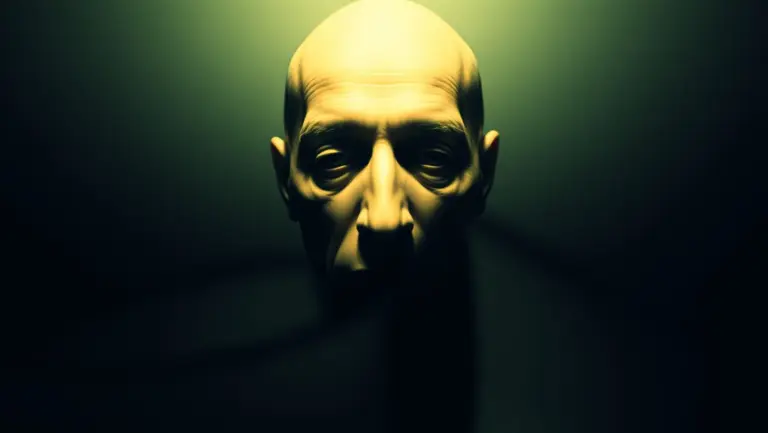 Surrealist painting of a man with no reflection.