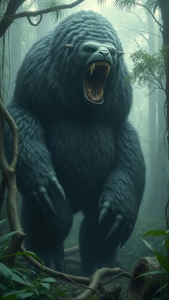 A large, furry creature with a single eye and a gaping maw walks through a misty rainforest.