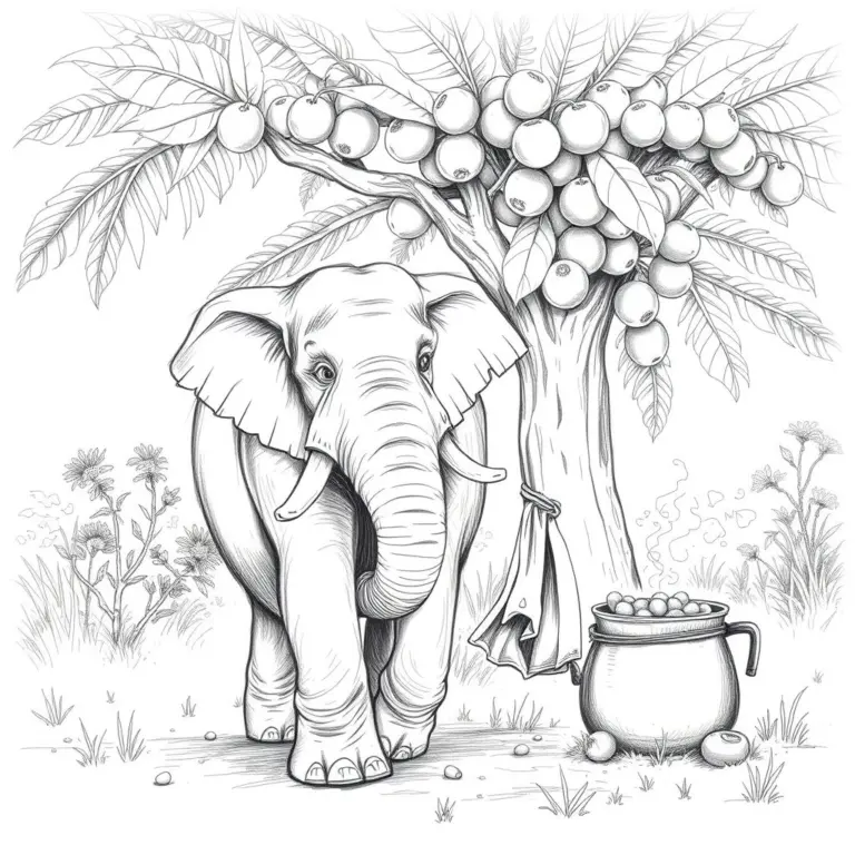 Pencil sketch of a smiling elephant with a bag of fruit near a still.