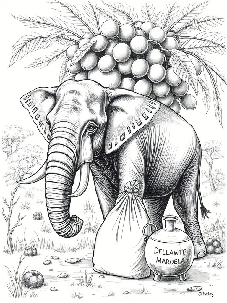 Pencil sketch of a smiling elephant with a bag of fruit near a still under a maroela tree.