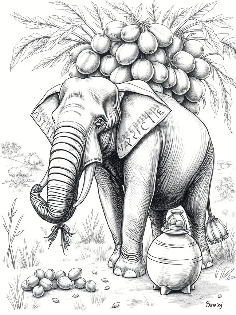 Pencil sketch of an elephant with a sly smile dragging a bag of fruit to a still.