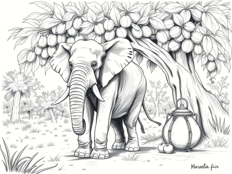 Pencil sketch of a smiling elephant carrying maroela fruit to a still.