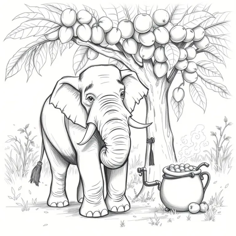 Pencil sketch of a smiling elephant with a bag of maroela fruit near a still.