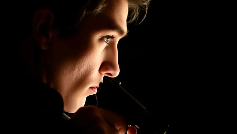 Side profile of a poet with a pistol, sad eyes, moody lighting.