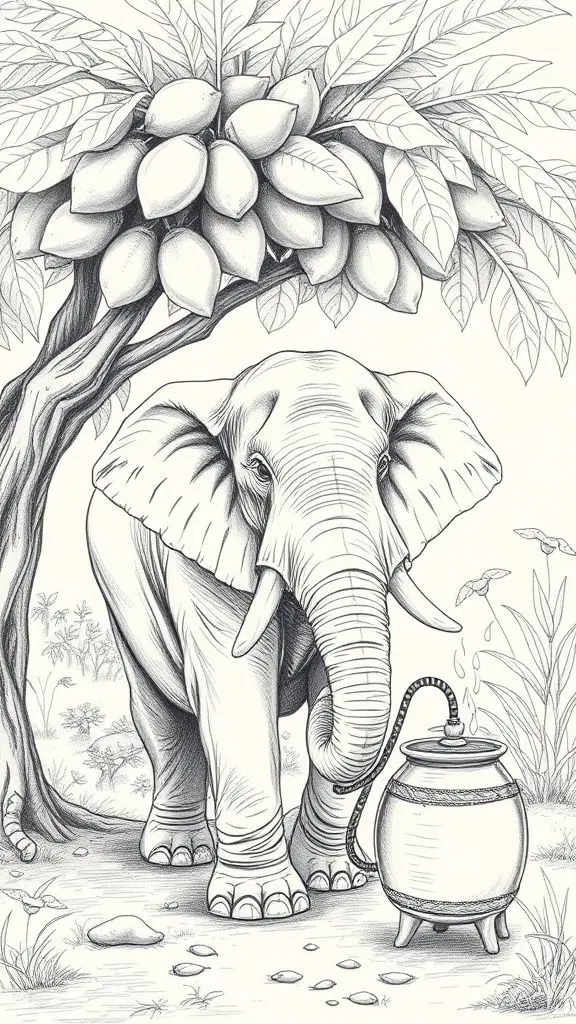 Pencil sketch of an elephant smiling slyly, gathering maroela fruit into a bag with its trunk, heading towards a still under a maroela tree.