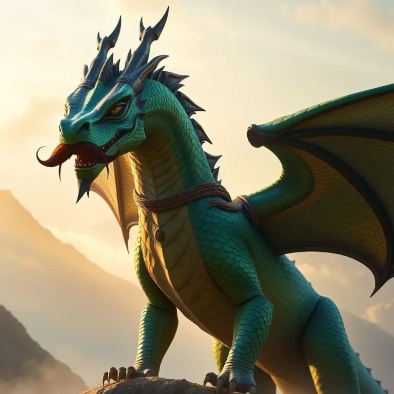 Dragon with emerald scales and a human mustache on a misty mountain.