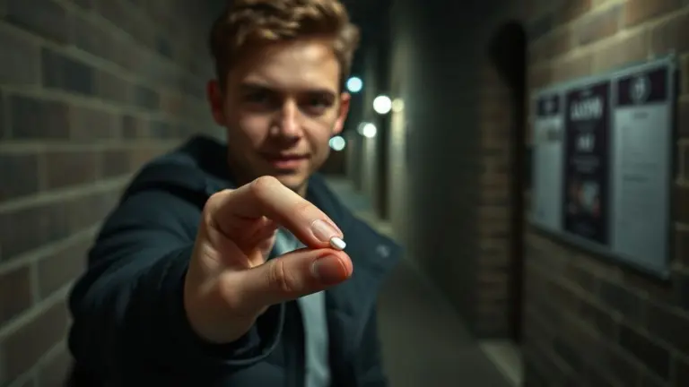 Alex being handed a white pill in a dark alley.