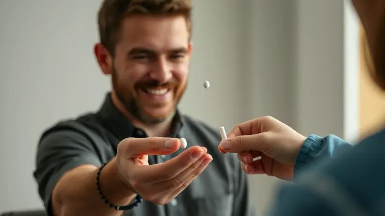 Close-up of a hand offering a small white pill to Alex.