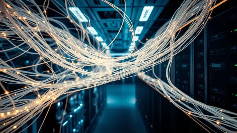Glow of optical fibers in a server room.