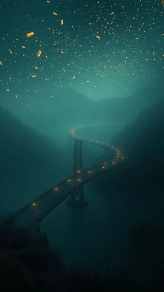 Surreal landscape with a winding nine-turn bridge and melting fireflies.