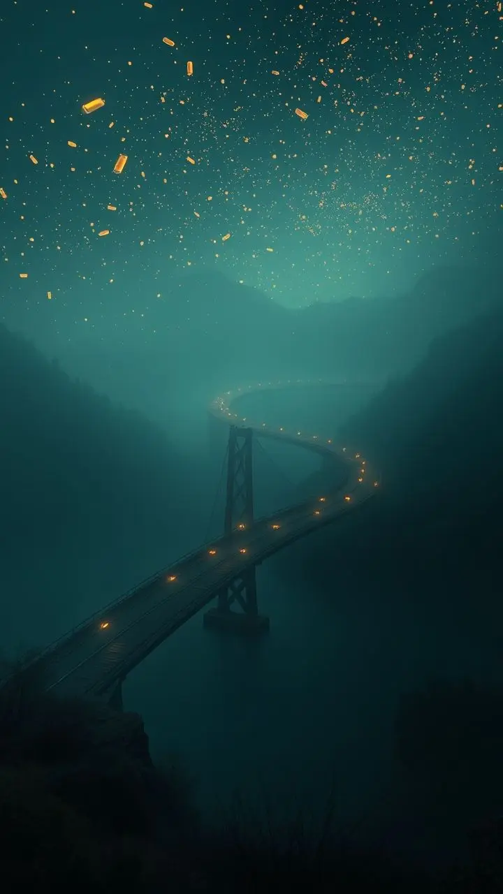 Surreal landscape with a winding nine-turn bridge and melting fireflies.