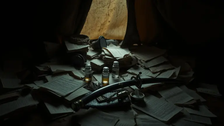 Dimly lit tent interior with scattered letters, perfume vials, and an officer's saber.