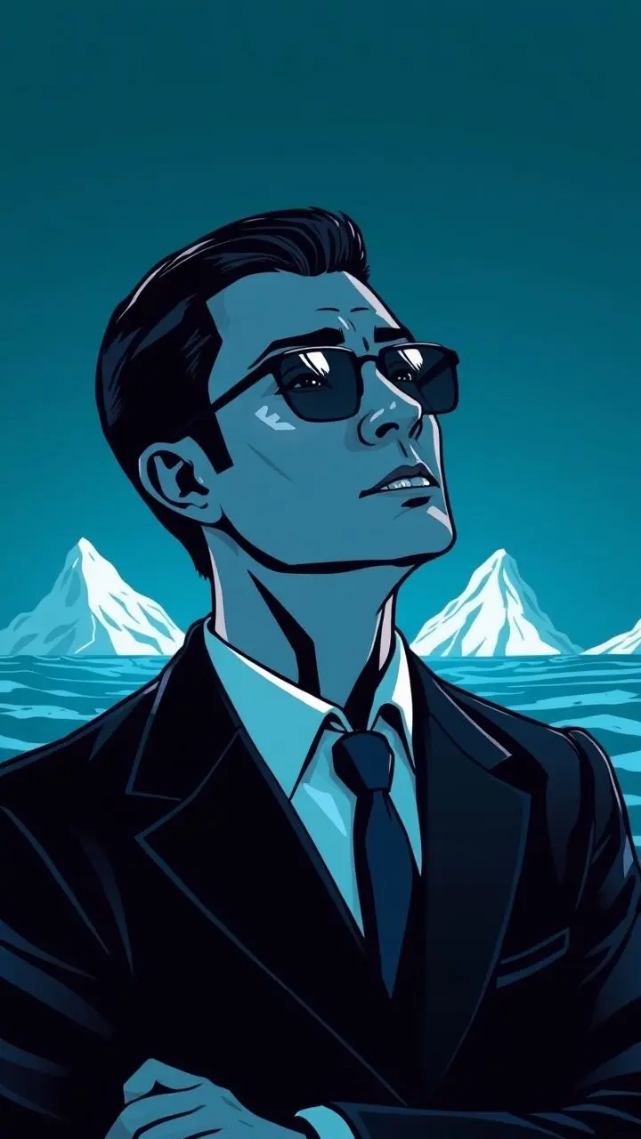 Retro figure looks at pension probe with icy water behind.