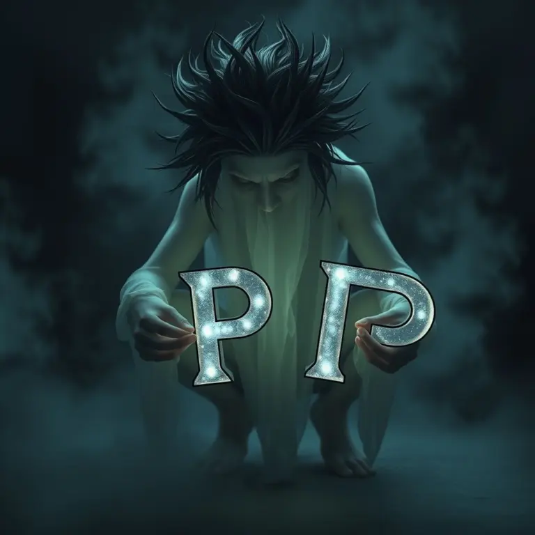Ghostly figure with wild hair holding 'PP' letters.