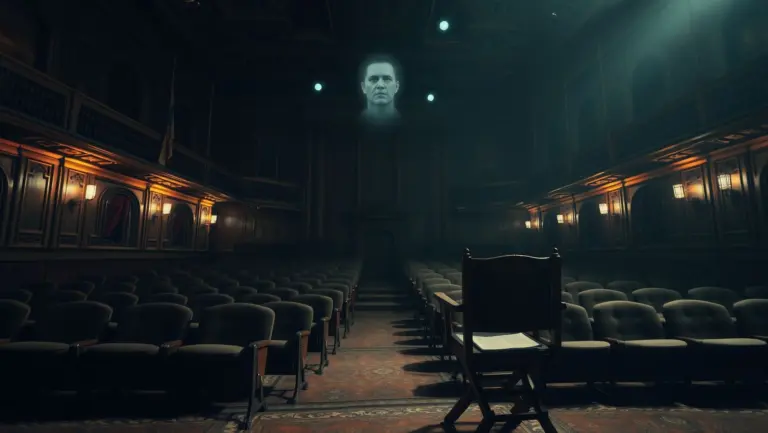 An empty theatre stage with a director's chair and script, featuring ghostly faces in the shadows and glowing orbs.