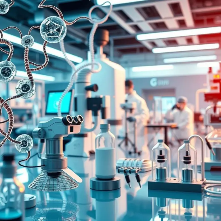 Modern biotechnology lab with microscopic cells and DNA.