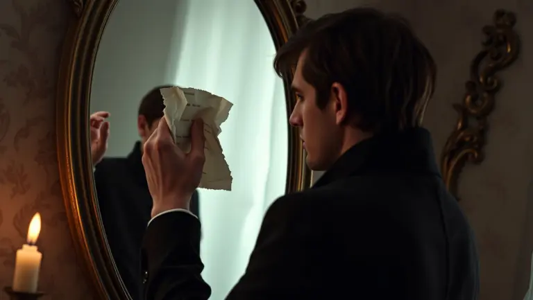 Poet gazing into ornate mirror holding torn letter, dreamlike atmosphere.