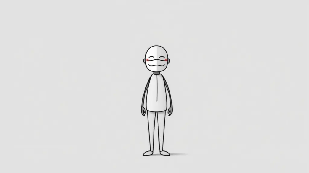 Minimalist stick figure with a polite mask on a gray background.