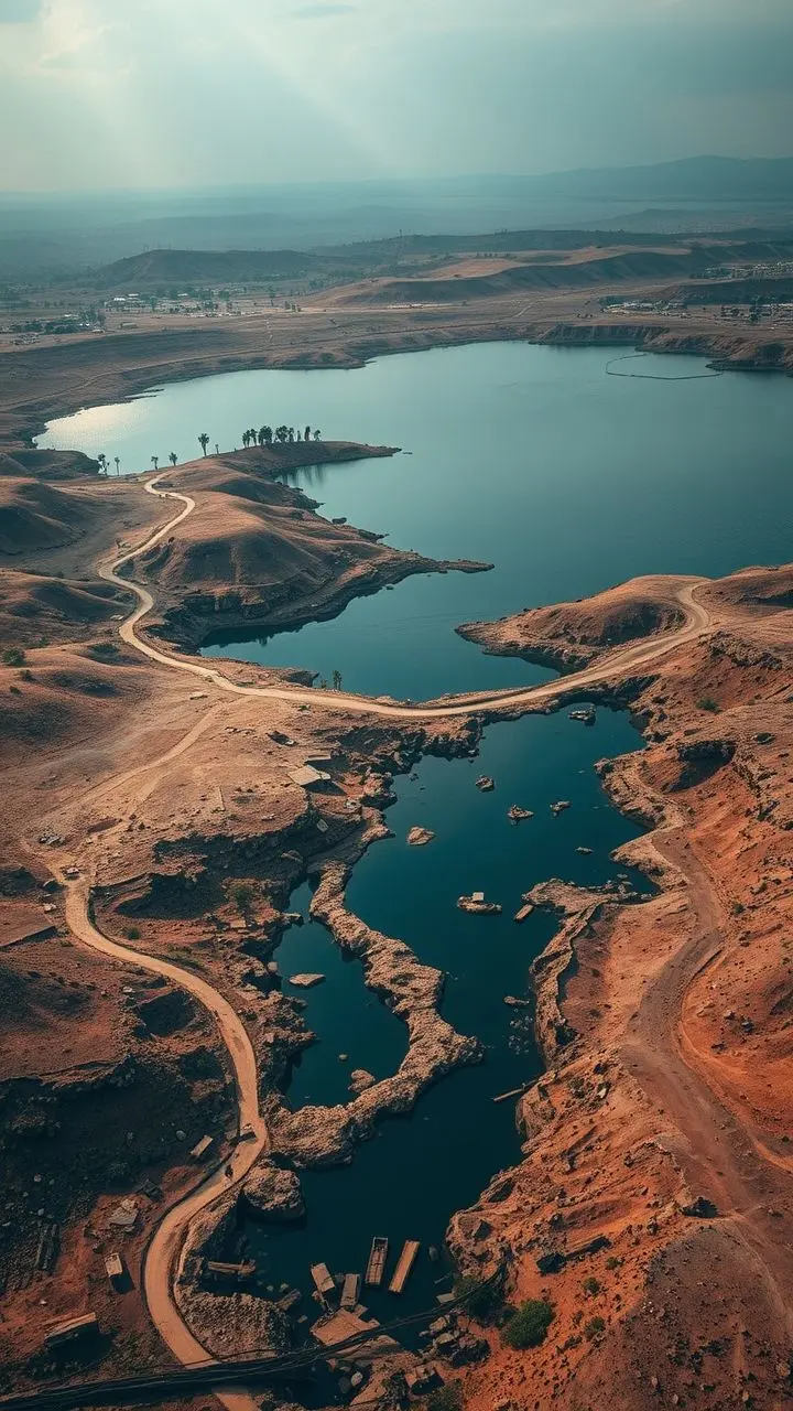 Water reservoir with tribal communities, showing broken paths and grunge texture.